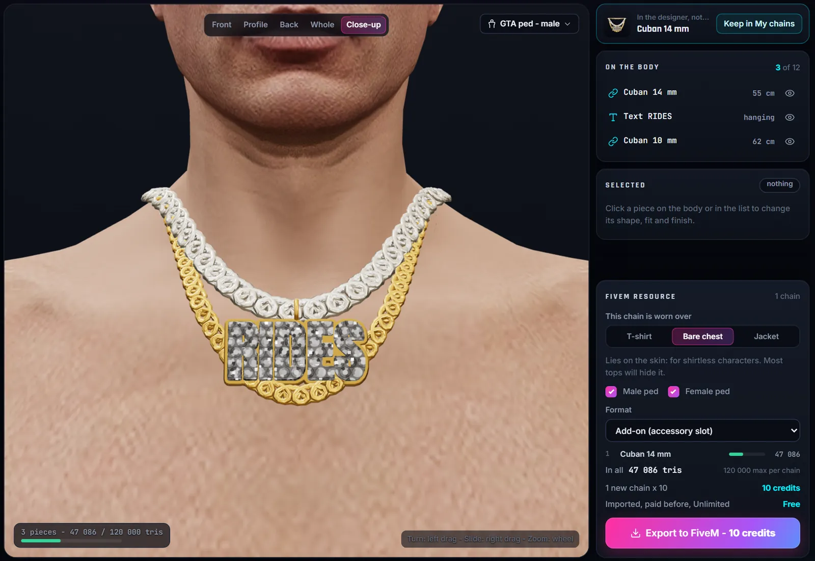 Chain Studio editor: a white gold cuban chain and a gold cuban chain with an iced RIDES nameplate on the GTA male ped in close-up, the list of pieces on the body and the FiveM resource card with the Export to FiveM button