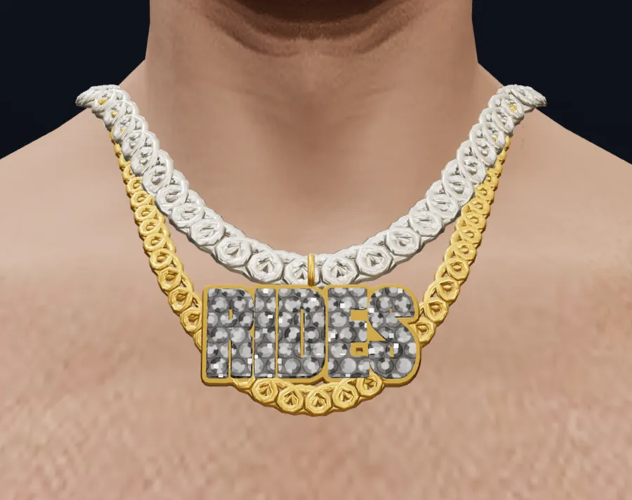 Chain Studio 3D close-up: a white gold cuban chain and a gold cuban chain with an iced RIDES nameplate on the GTA male ped