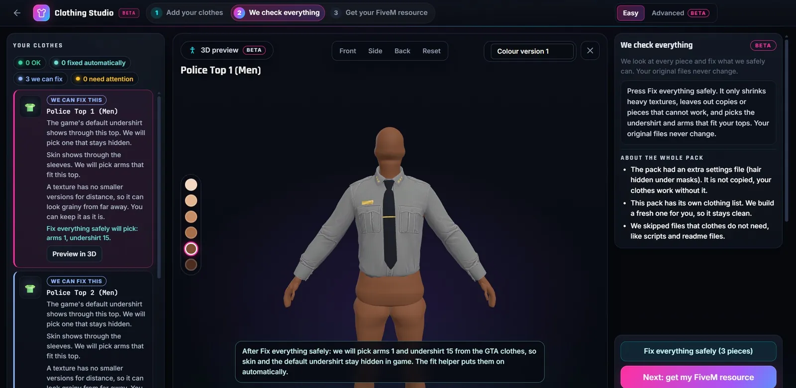 Clothing Studio check step: three police tops on the left with what was fixed (arms 1, undershirt 15), the top in 3D on the FiveMRides mannequin in the middle, and the Next: get my FiveM resource button on the right