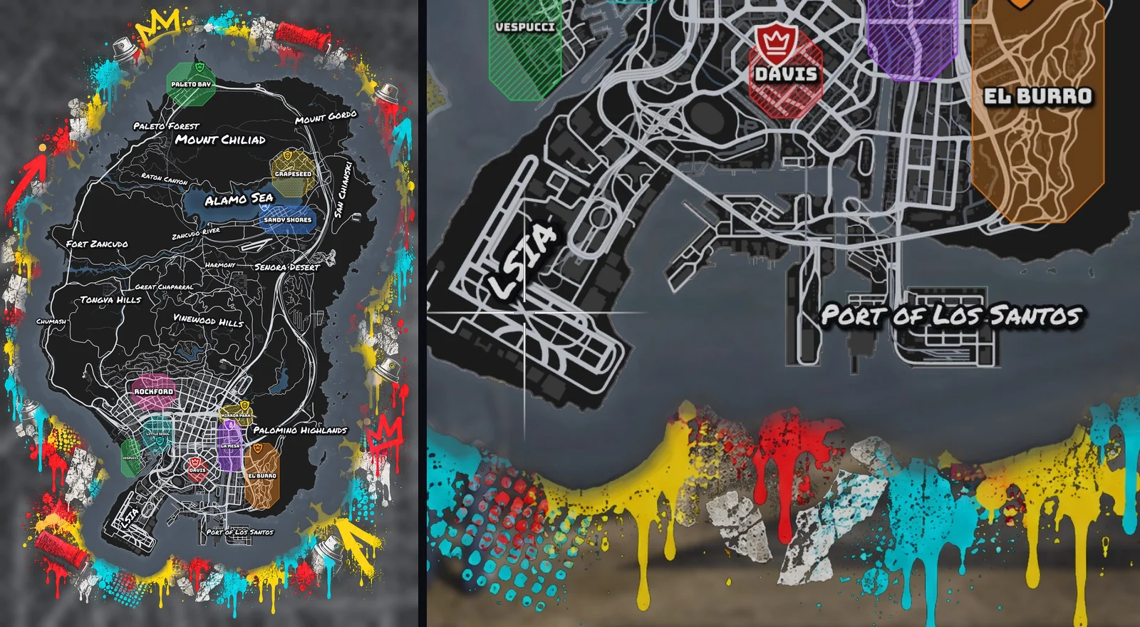 Left: the Gang Turf template in the Map Studio, the whole GTA V map with coloured gang zones, crowns and graffiti names. Right: the same map on the pause menu in game, zoomed on Davis, El Burro and the Port of Los Santos