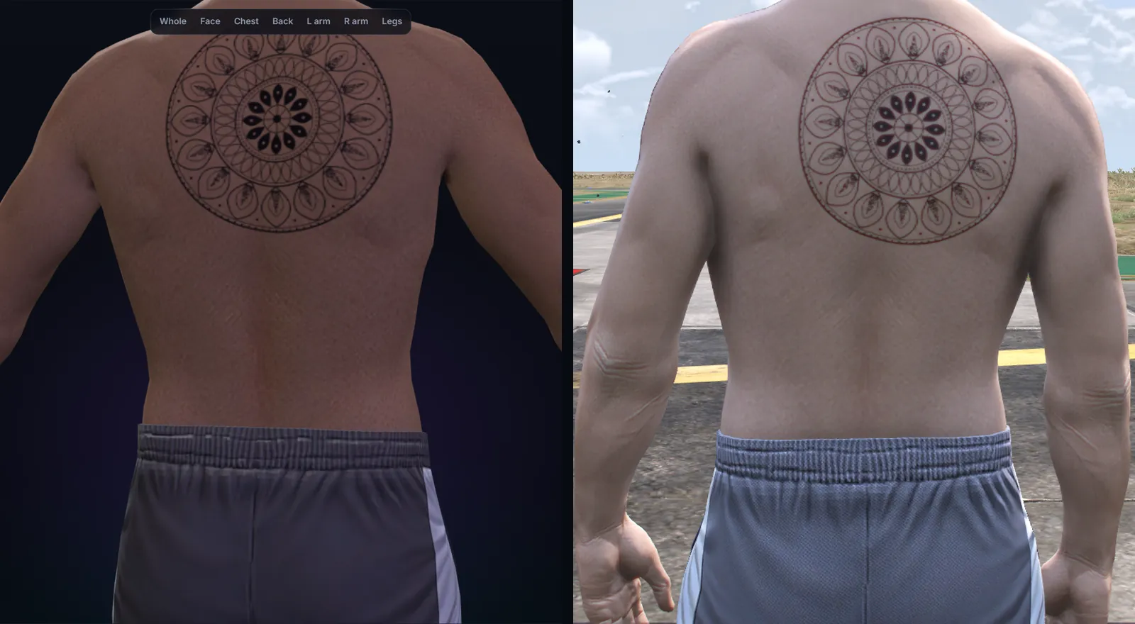 Left: a 25 cm mandala placed on the back of the GTA male body in the Tattoo Studio 3D preview. Right: the same tattoo exported and worn in game by a FiveM test character, at the same spot and size