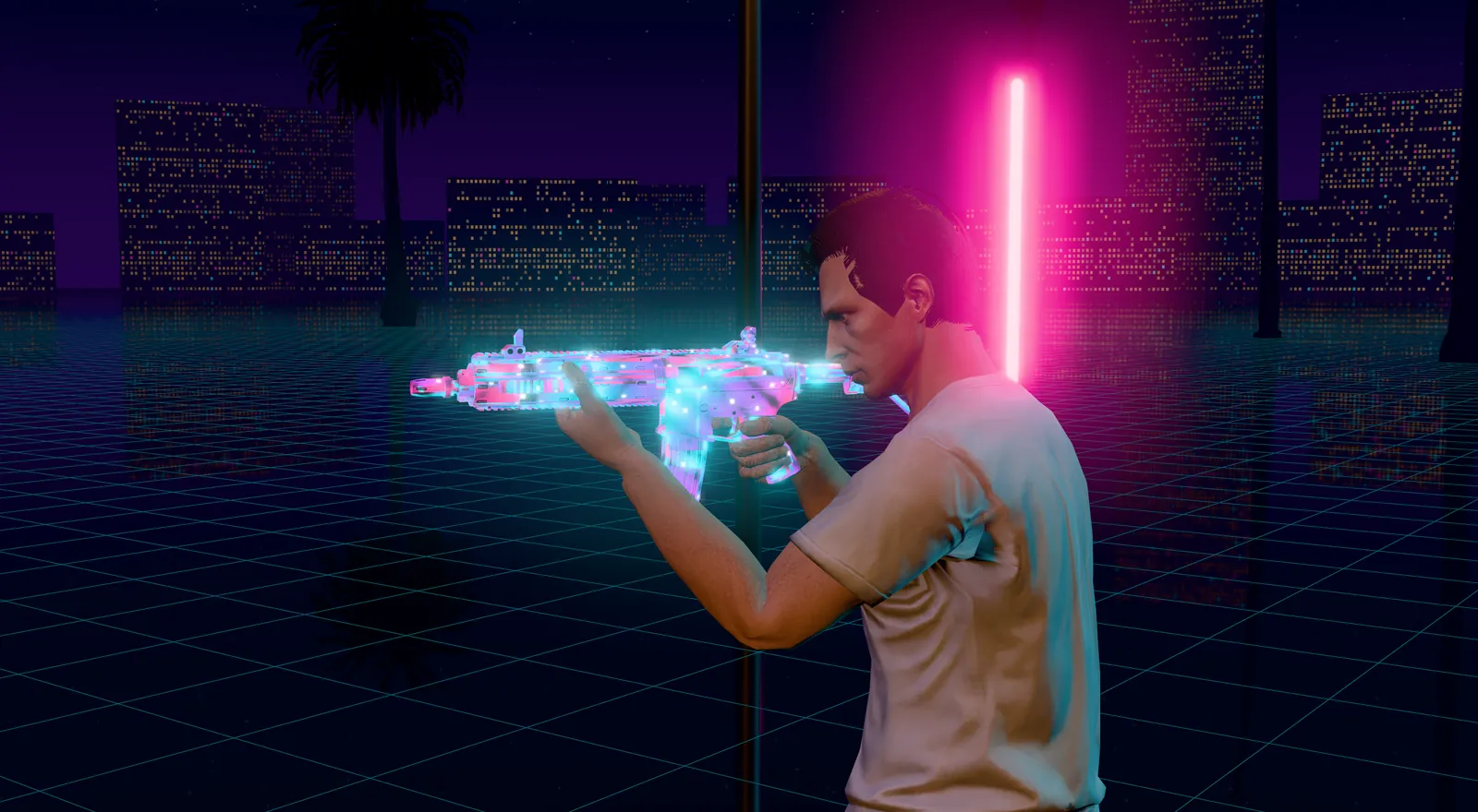 Weapon Studio In hand view: a GTA ped aims a carbine painted with a pink and cyan neon grid that glows, in the Night scene with a neon city and a grid floor