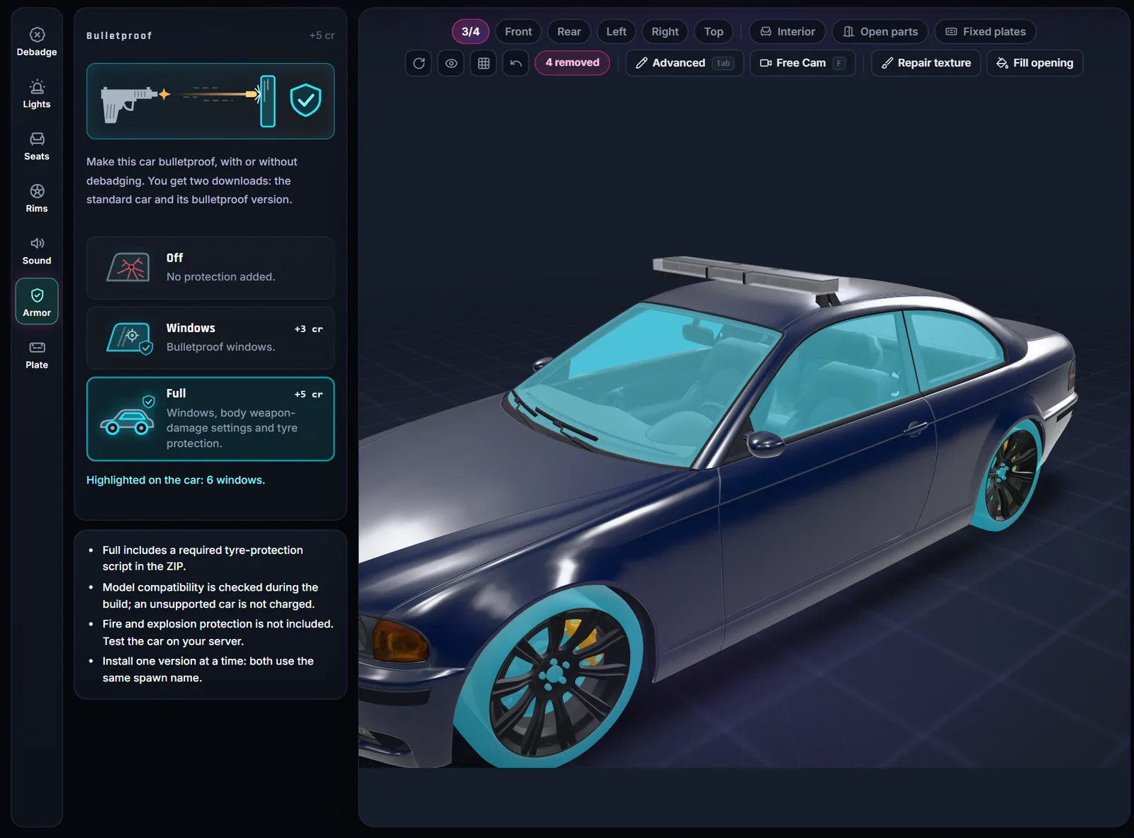 Vehicle Studio Bulletproof tool: Full protection selected, the windows and tyres highlighted on the 3D car