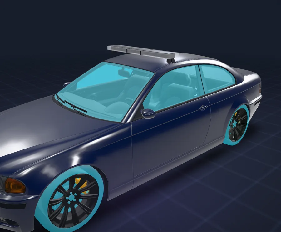 Vehicle Studio Bulletproof tool, 3D view: Full protection selected, the windows and tyres highlighted on the 3D car