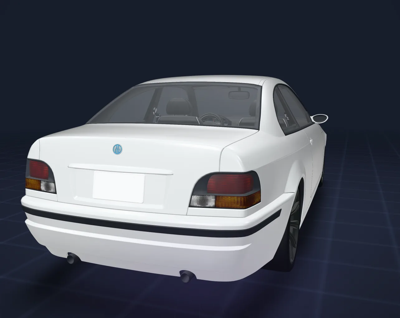 Before: the rear of a lore-friendly sedan with its trunk emblem, in the Vehicle Studio 3D viewer