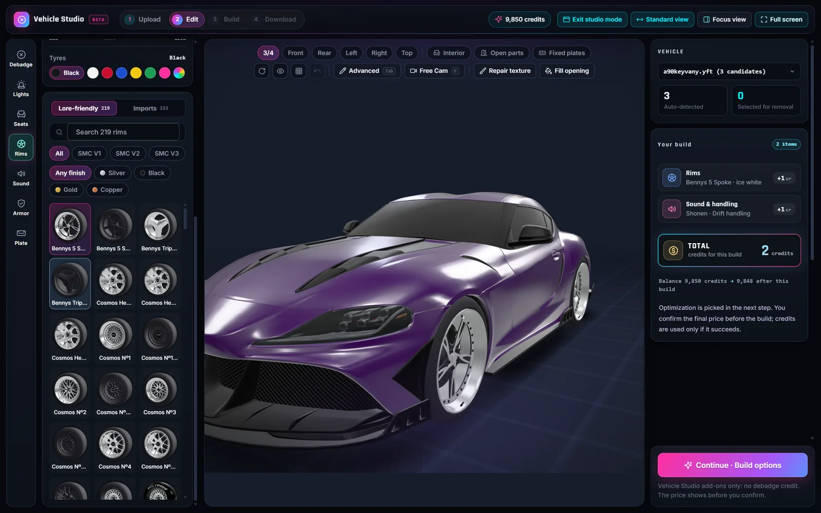 The FiveMRides Vehicle Studio editor in studio mode: a purple widebody coupe on new white rims, the Rims tool open on the left and the Your build card with the credit total on the right
