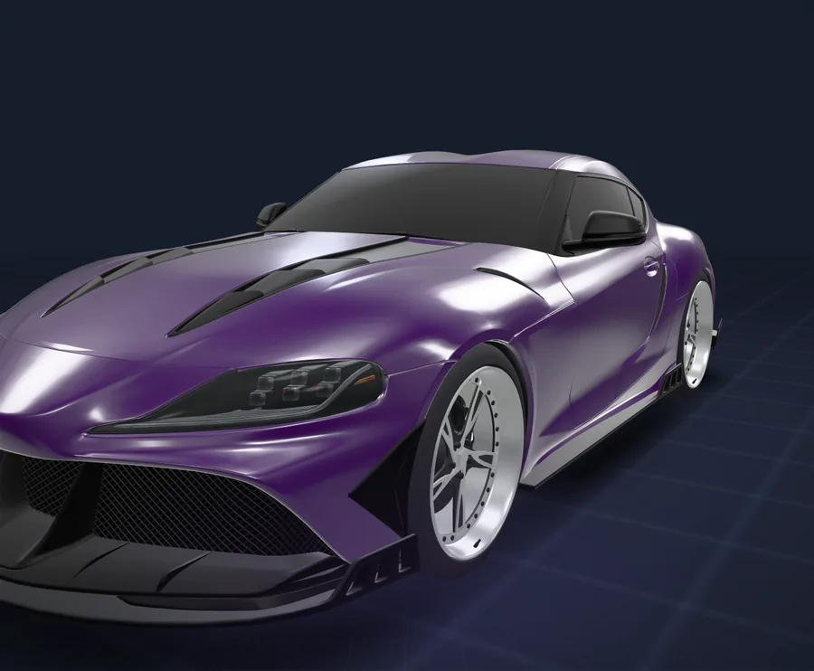 The FiveMRides Vehicle Studio editor in studio mode, 3D view: a purple widebody coupe on new white rims, the Rims tool open on the left and the Your build card with the credit total on the right