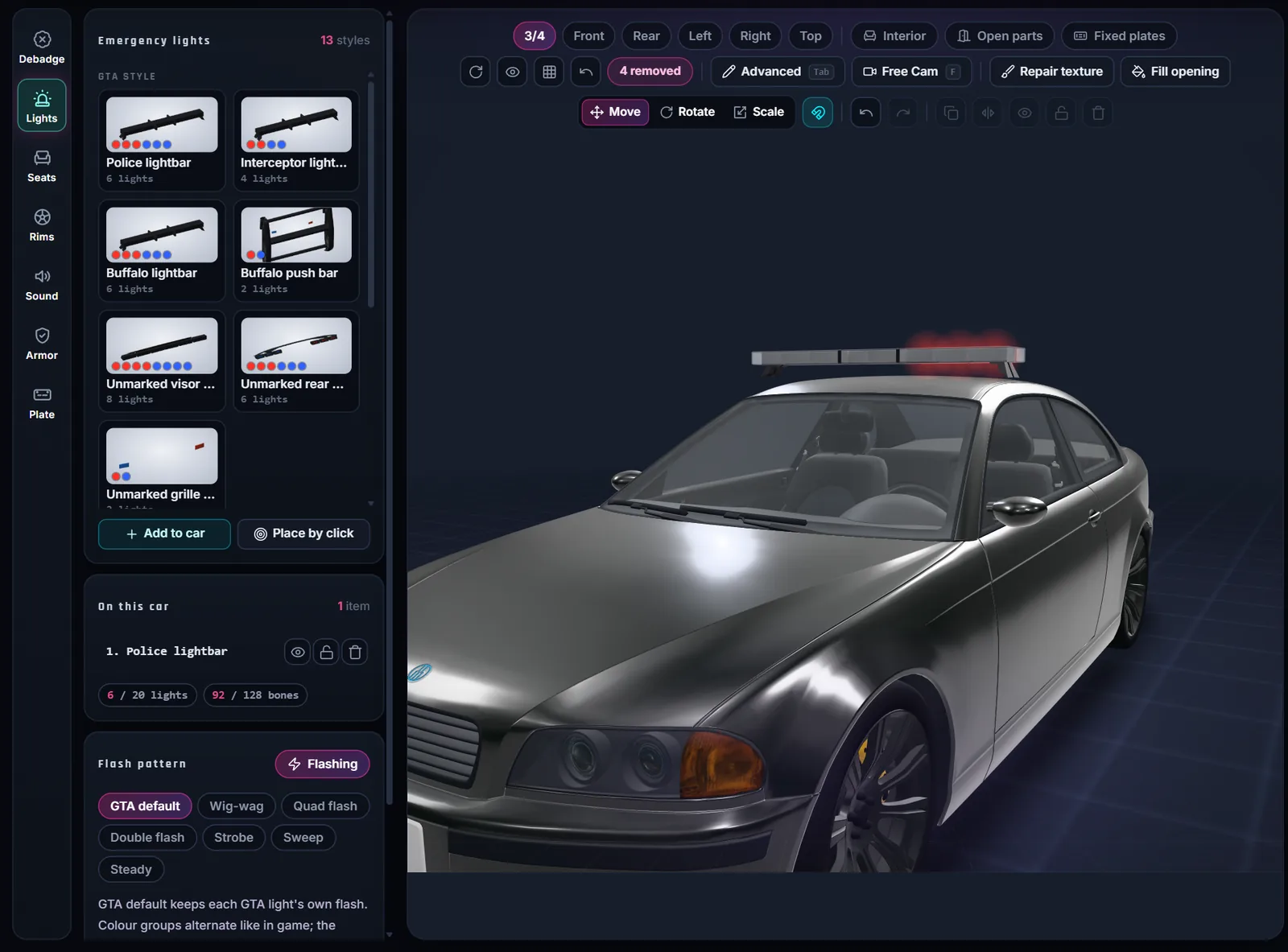 Vehicle Studio Emergency lights tool: a GTA style police lightbar flashing red and blue on the roof of a black sedan, the light styles library open