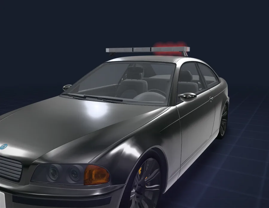 Vehicle Studio Emergency lights tool, 3D view: a GTA style police lightbar flashing red and blue on the roof of a black sedan, the light styles library open