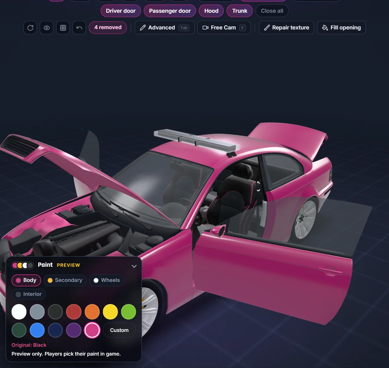 Vehicle Studio paint preview card set to hot pink with the doors, hood and trunk opened on their hinges in the 3D viewer
