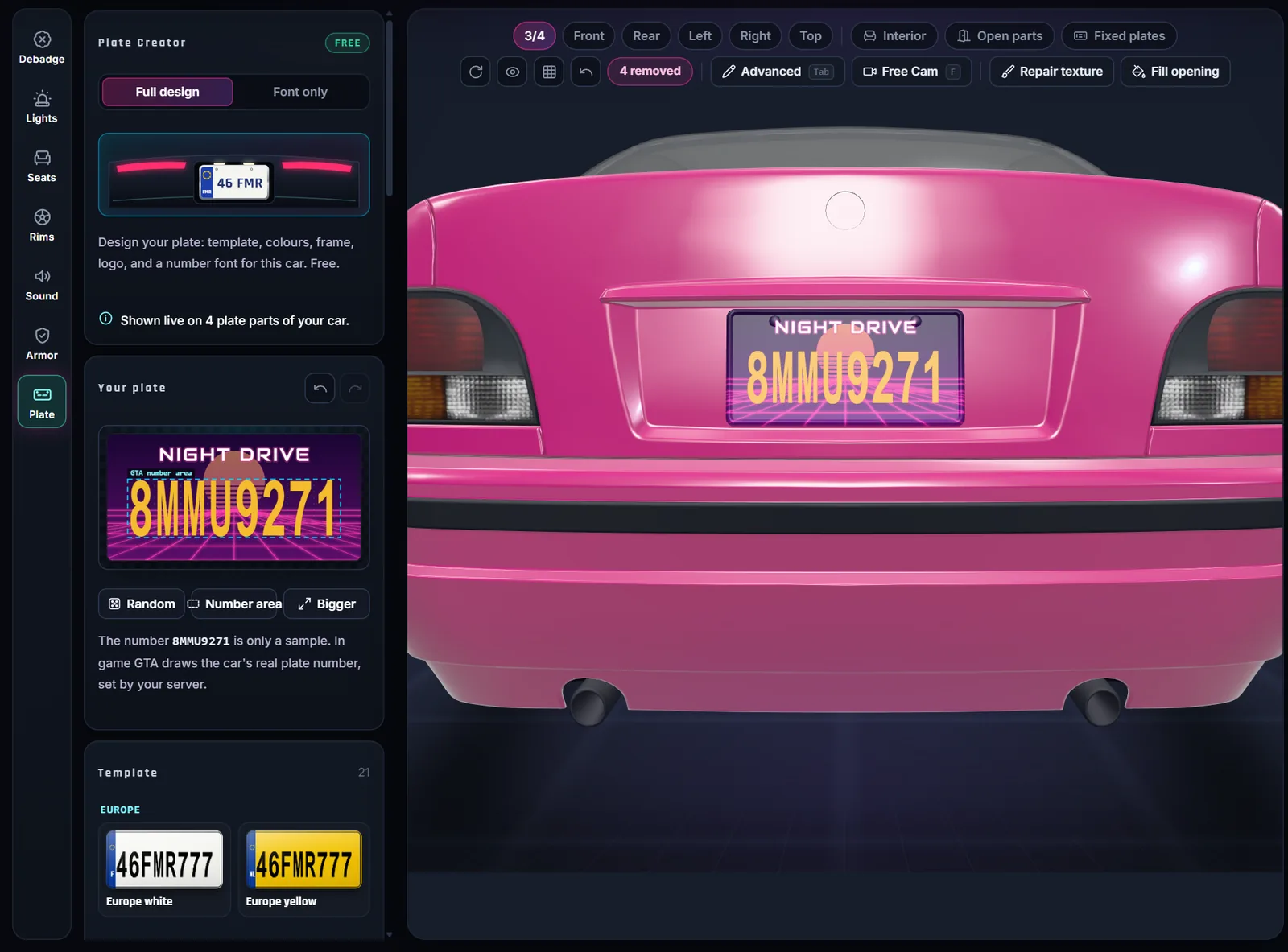 Plate Creator in the Vehicle Studio editor: a synthwave plate design shown live on the rear plate of the car, the number being a sample