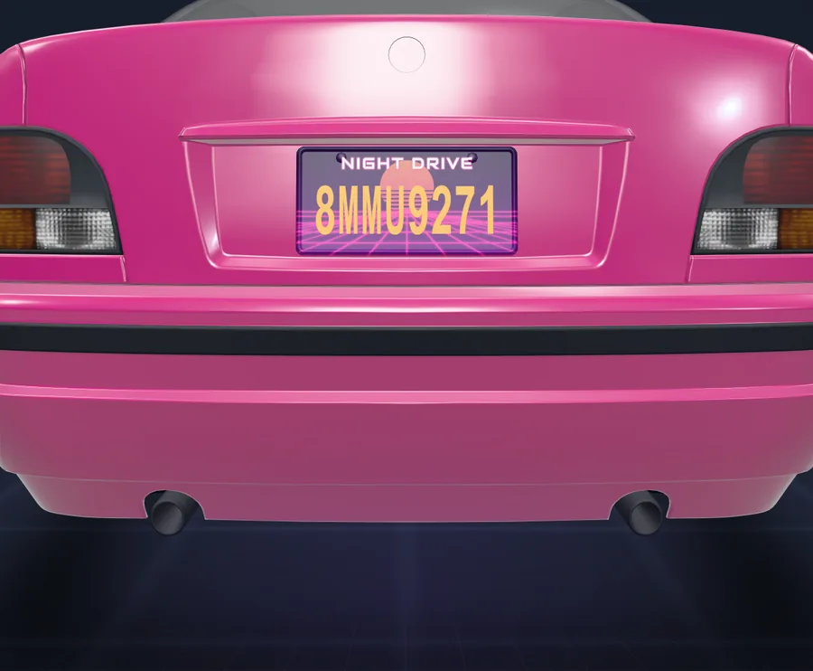 Plate Creator in the Vehicle Studio editor, 3D view: a synthwave plate design shown live on the rear plate of the car, the number being a sample