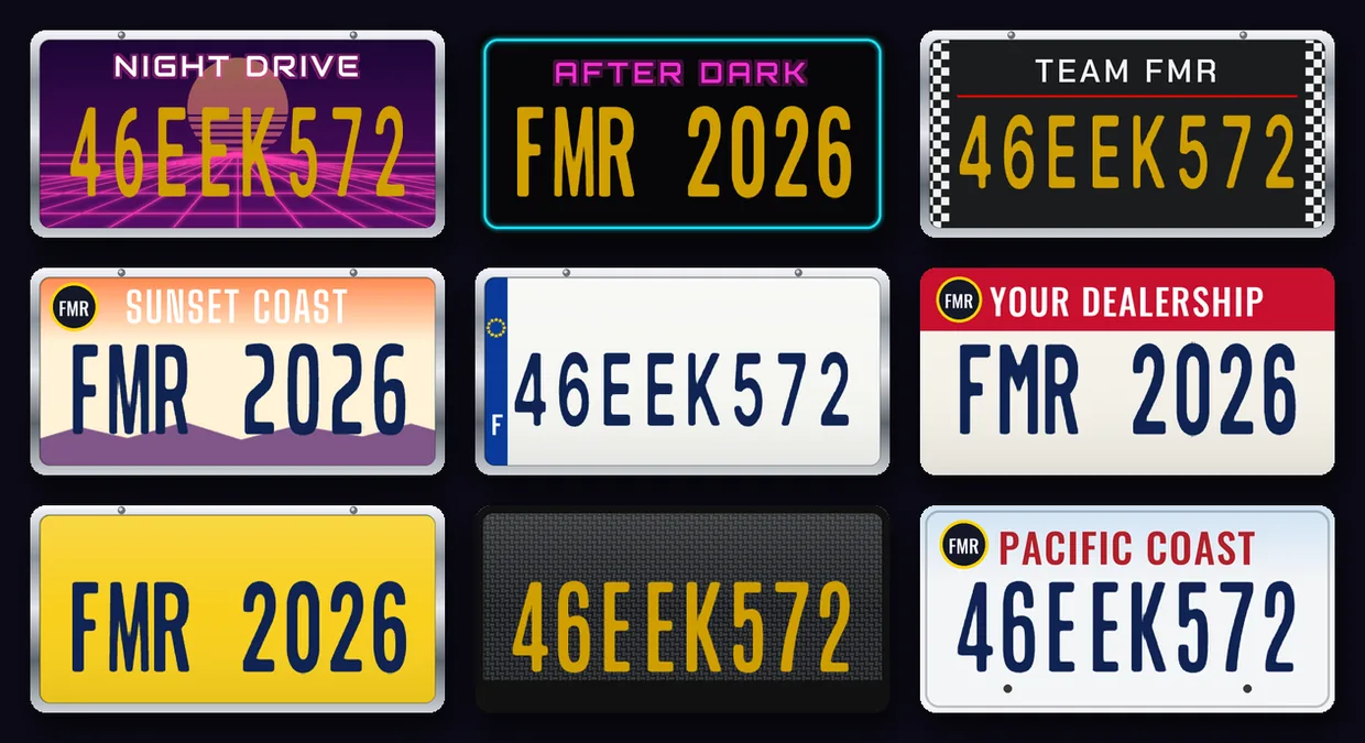 Nine Plate Creator templates drawn by FiveMRides: synthwave, neon outline, racing checker, sunset coast, Europe style, dealer, UK style rear, carbon and US style