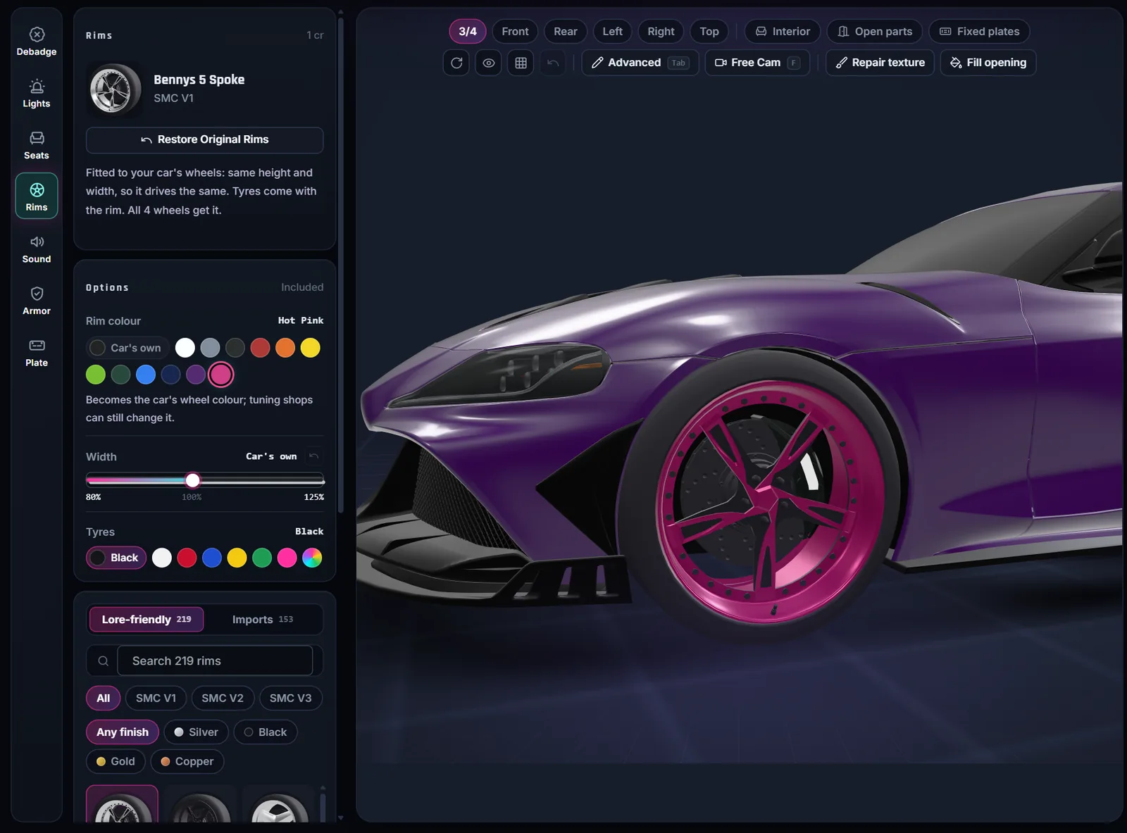 Vehicle Studio Rims tool: a lore-friendly five-spoke rim in hot pink fitted to a purple coupe, with the rim colour, width and tyre options and the rim photo catalog