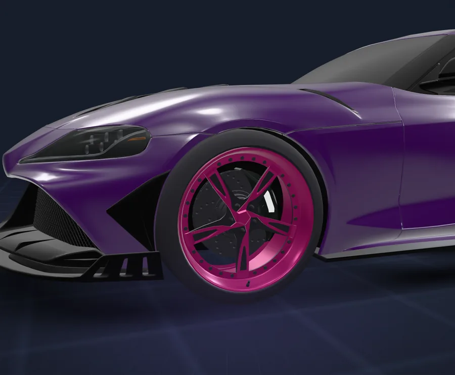 Vehicle Studio Rims tool, 3D view: a lore-friendly five-spoke rim in hot pink fitted to a purple coupe, with the rim colour, width and tyre options and the rim photo catalog