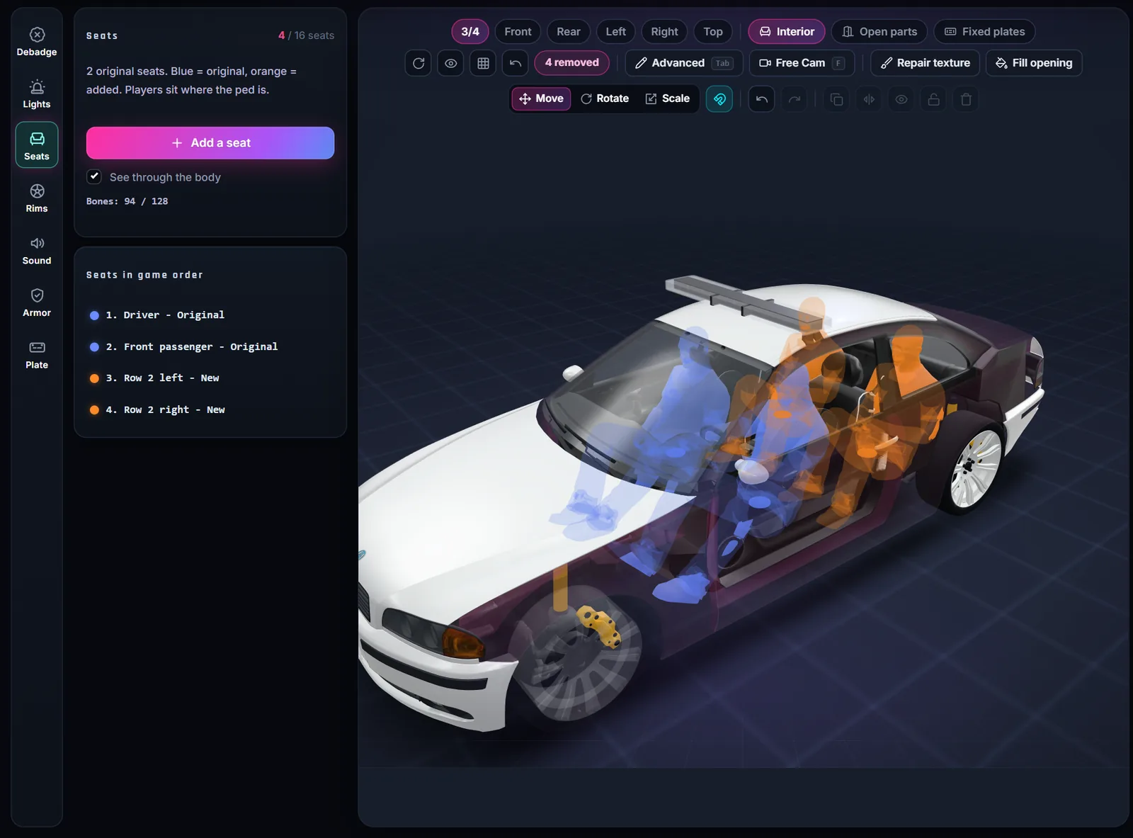 Vehicle Studio Seats tool: two added rear seats shown as seated GTA peds through the see-through body, with the seat list in game order
