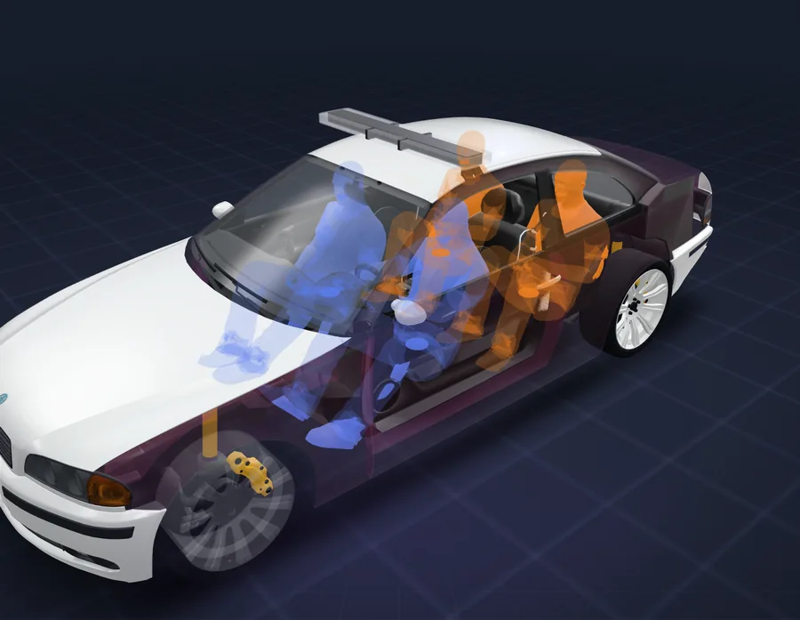Vehicle Studio Seats tool, 3D view: two added rear seats shown as seated GTA peds through the see-through body, with the seat list in game order