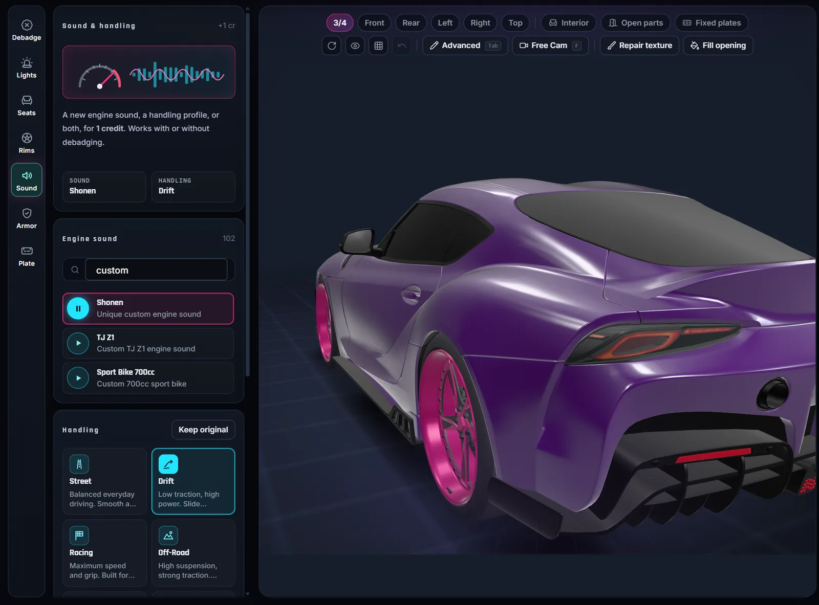 Vehicle Studio Sound and handling tool: an engine sound preview playing and the Drift handling profile picked, shown on the rear of the coupe
