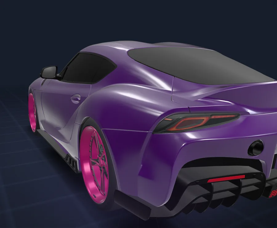 Vehicle Studio Sound and handling tool, 3D view: an engine sound preview playing and the Drift handling profile picked, shown on the rear of the coupe