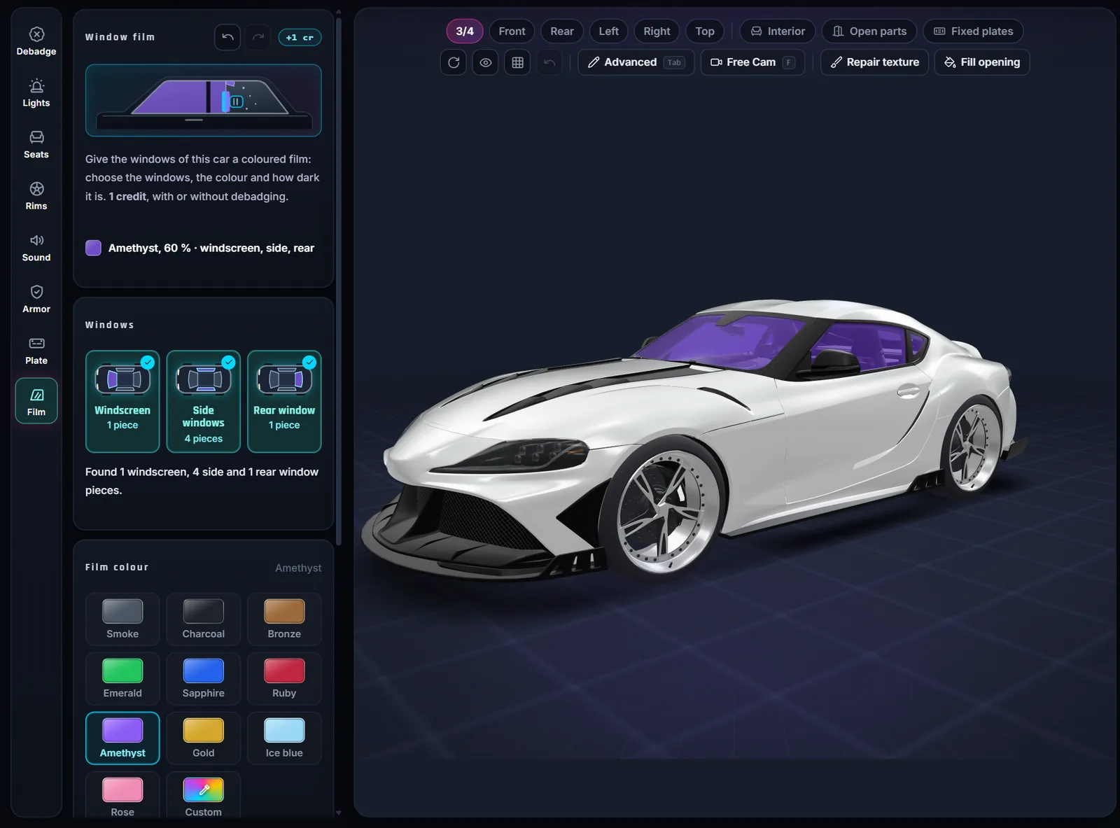 Vehicle Studio Window film tool: an amethyst film at 60 % darkness on the windscreen, side and rear windows of a white coupe, with the window cards and the film colours