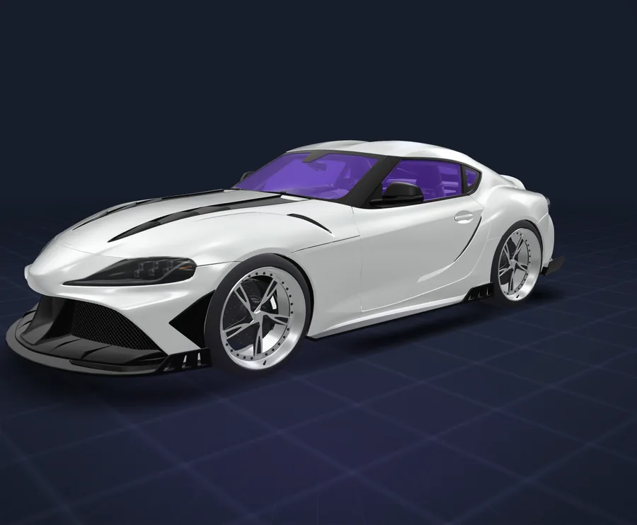 Vehicle Studio Window film, 3D view: a white coupe with an amethyst film at 60 % darkness on its windscreen, side and rear windows