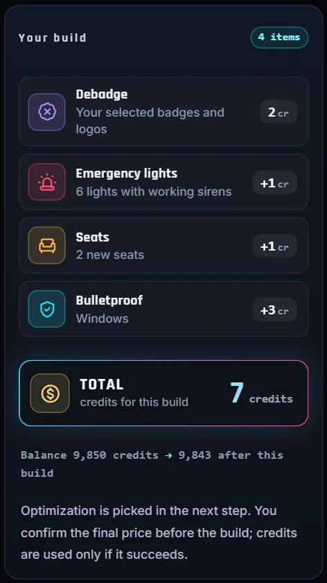 The Your build card: each tool you picked with its credits, the total and your balance