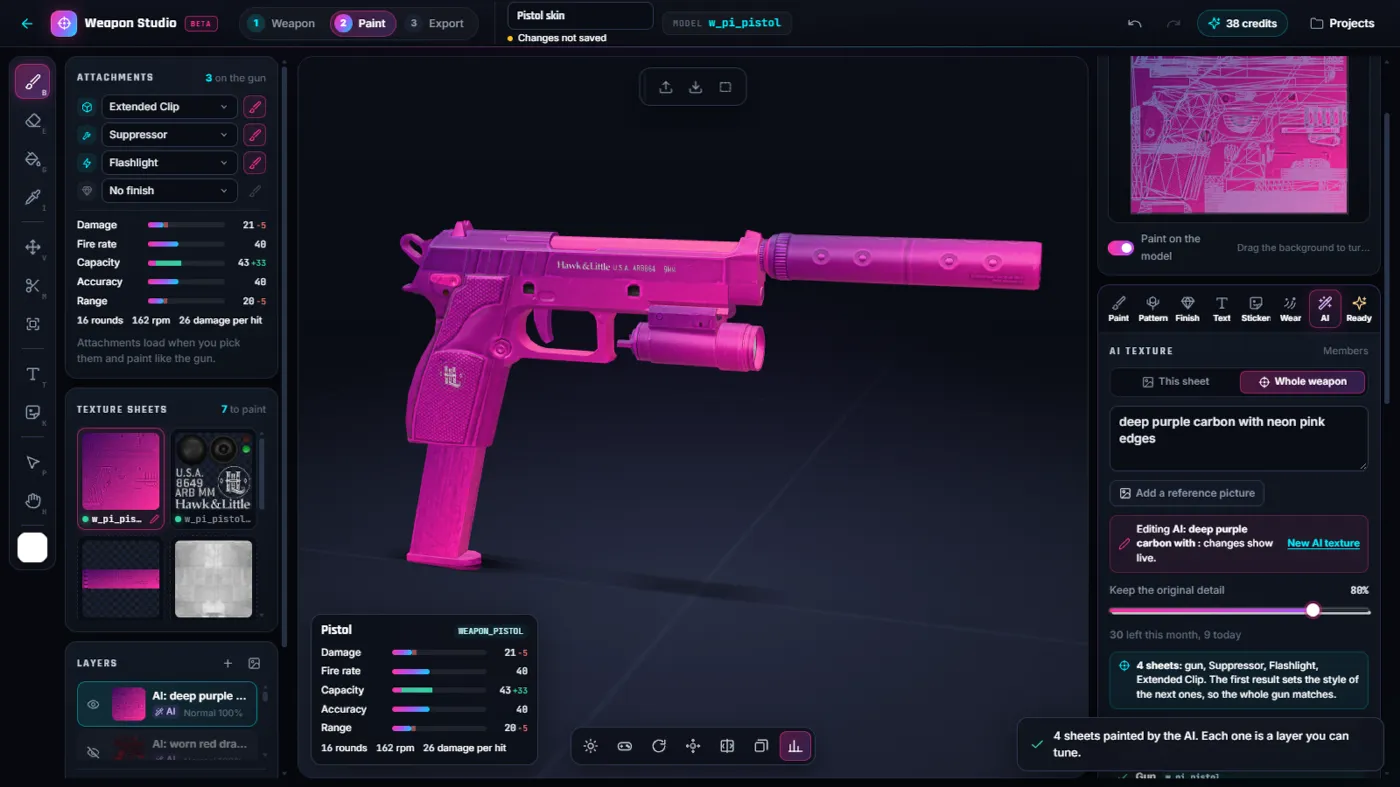 FiveM weapon skin painted by AI in the Weapon Studio 3D viewer