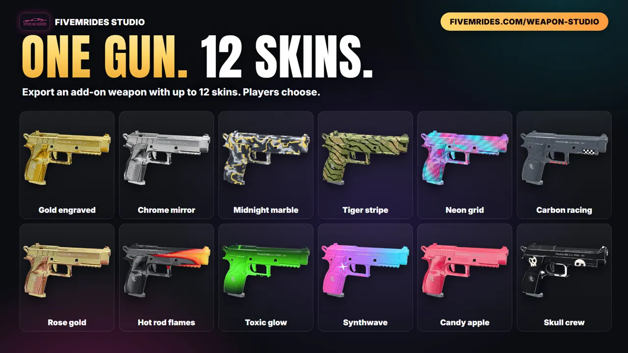 One add-on weapon with 12 skins, made in the Weapon Studio